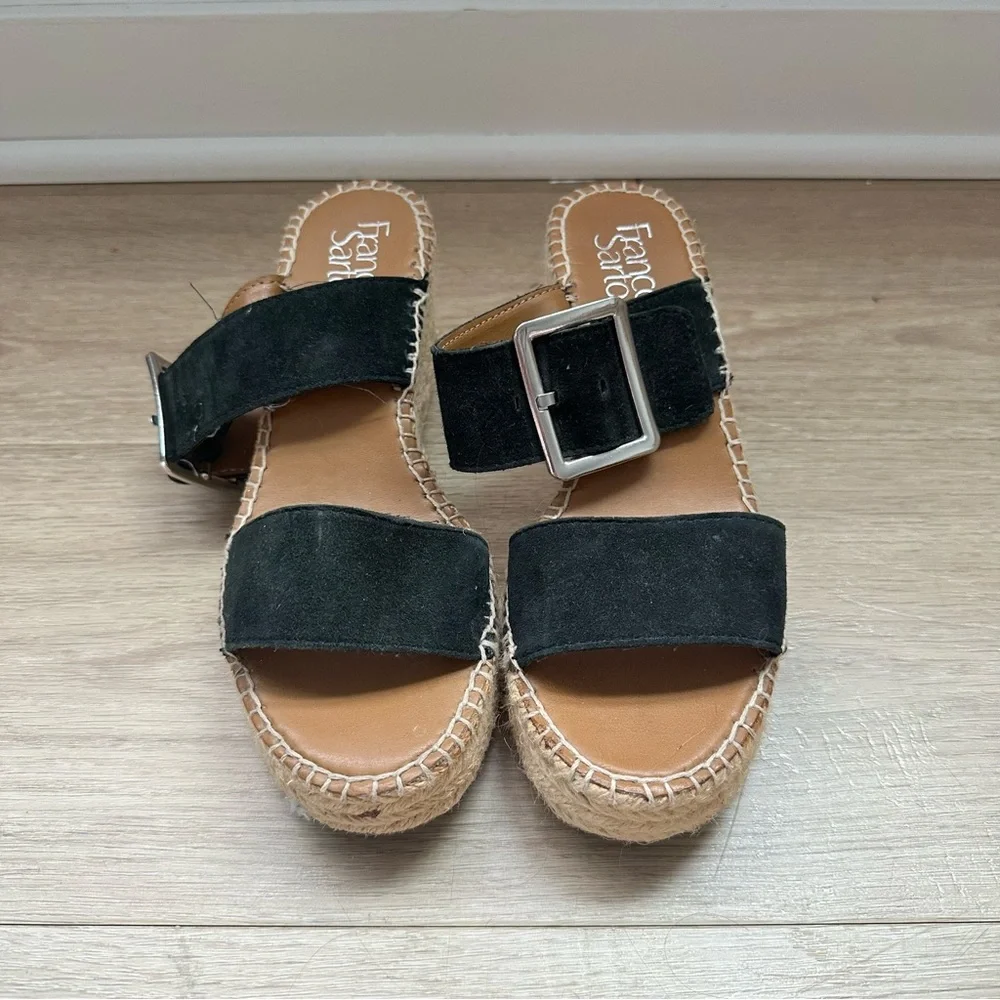 Franco Sarto Black Suede Espadrille Slide Sandals with Buckle